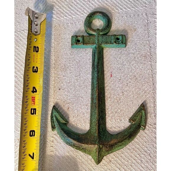Nautical Anchor Green & Gold Cast Iron Anchor Wall Hanging Decor Beach House - Picture 3 of 4